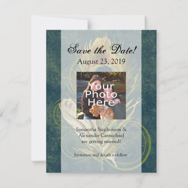 Konstnärlig detalj Påfågel Bröllop Spara datumet (Framsida)