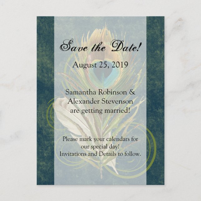 Konstnärlig detalj Påfågelsfjäder Spara datumet Meddelande Vykort (Framsida)