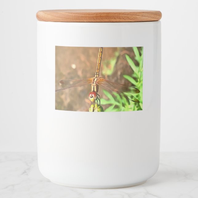Konstnärlig Dragonfly som vilar på ett underordnat Mat Etiketter (Framsida)