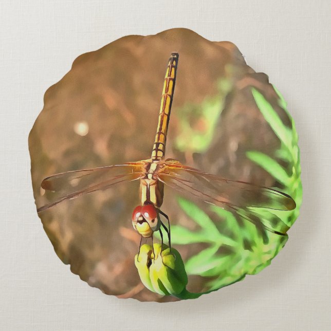 Konstnärlig Dragonfly som vilar på ett underordnat Rund Kudde (Baksidan)