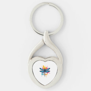 Konstnärlig Färgrik Popkonst målad Trollslända Twisted Heart Silverfärgad Nyckelring