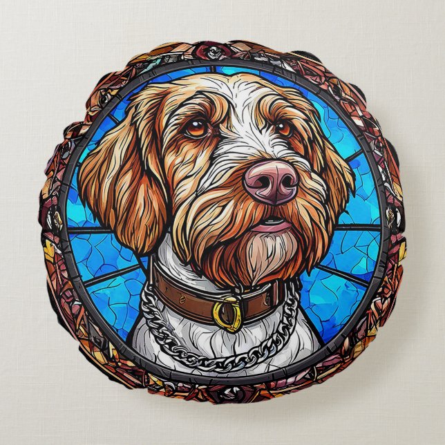 Konstnärlig glasmålning av hund rund kudde (Framsidan)