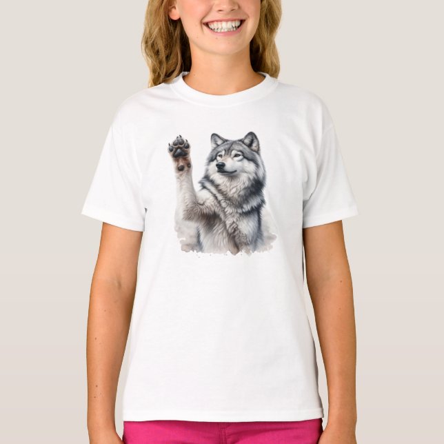 Konstnärlig Grått-Varg i vattenfärg T Shirt (Framsida)