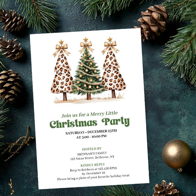 Konstnärlig grön guld leopard julgran inbjudan (Artistic green gold leopard Christmas tree invite)