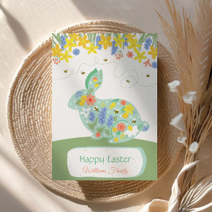 Konstnärlig Grönt Glad påsk Blommigt Bunny Rabbit Julkort