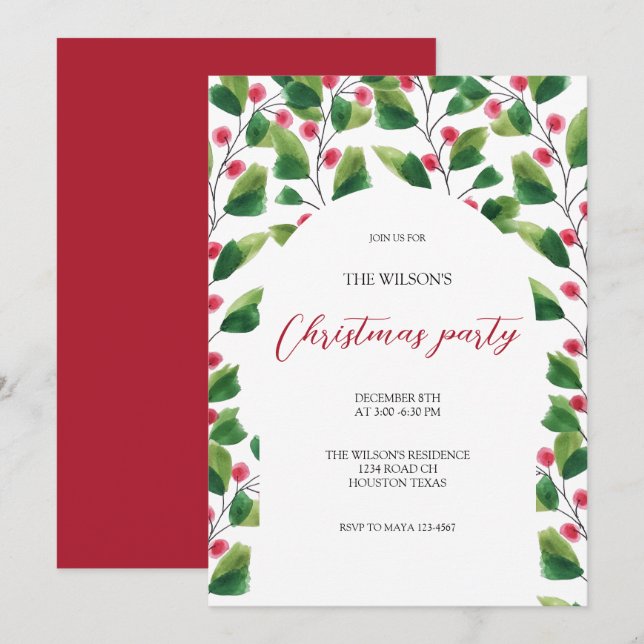 Konstnärlig Grönt Red Berry Watercolor Inbjudningar (Fram/baksida)