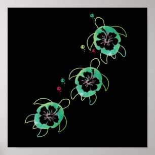 Konstnärlig havssköldpadda Hibiscus Flower Wall Ar Poster