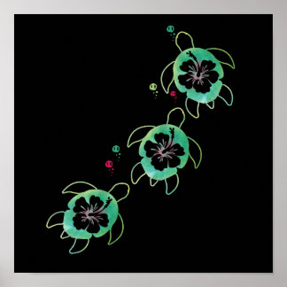 Konstnärlig havssköldpadda Hibiscus Flower Wall Ar Poster