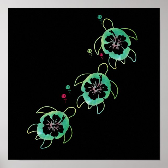 Konstnärlig havssköldpadda Hibiscus Flower Wall Ar Poster (Framsidan)