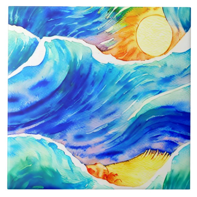 Konstnärlig havsvåg i hand plockade kakelplatta (Framsidan)