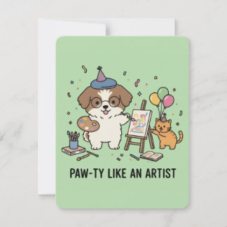 Konstnärlig Hund Katt Festlig Firande Grön Inbjuda Inbjudningar