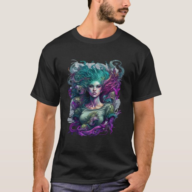 Konstnärlig Hybrid Gorgon Medusa Snake and Sjöjung T Shirt (Framsida)