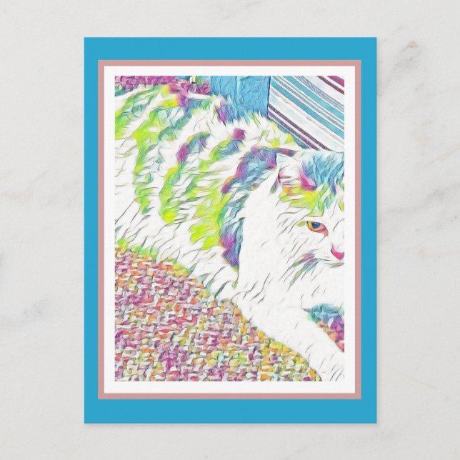 Konstnärlig illustration av vit katt  vykort (Framsida)