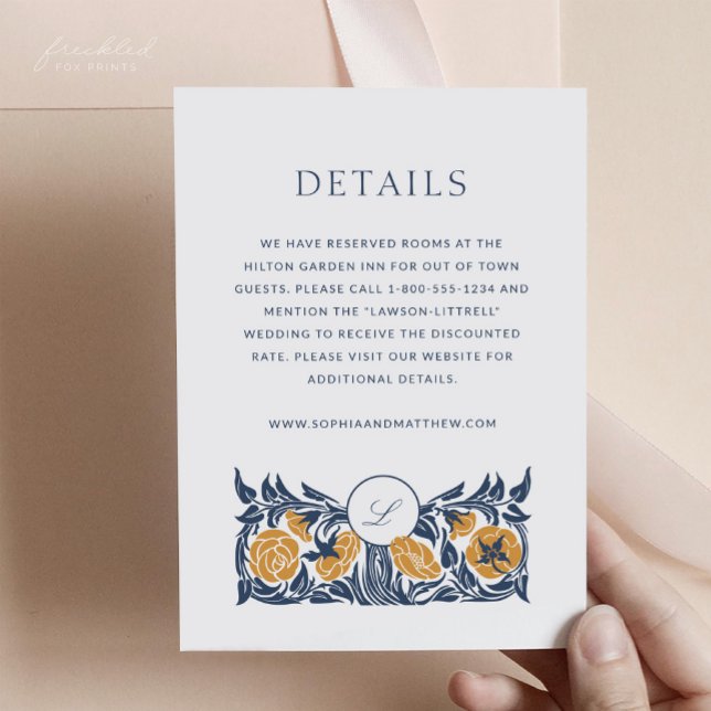 Konstnärlig jugendmonogram brölloppsdetaljkort tilläggskort (Floral Art Nouveau Monogram Wedding Details Card)