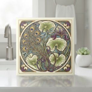Konstnärlig jugendstil fjädermotiv från påfågel #7 kakelplatta
