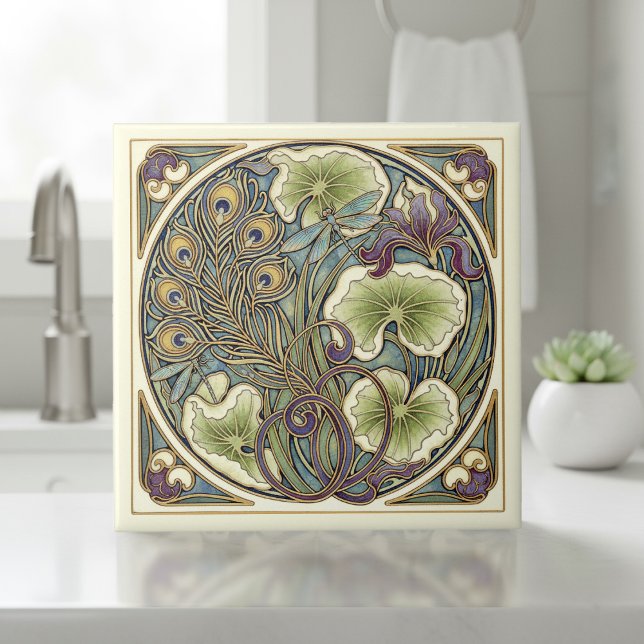Konstnärlig jugendstil fjädermotiv från påfågel #7 kakelplatta (Skapare uppladdad)