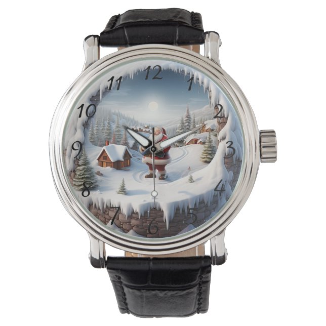 Konstnärlig jul Santa och snöig by scen Armbandsur (Framsida)