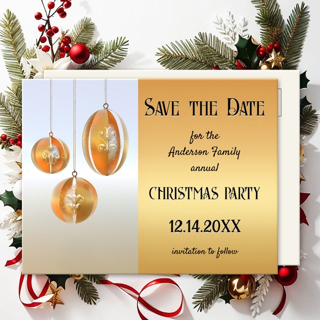 Konstnärlig jul silver guld Spara datum Vykort (Unique Christmas Save the Date invitation featuring artistic modern gold and silver design baubles)