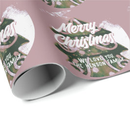 Konstnärlig julgran grön rosa glad skrift  presentpapper