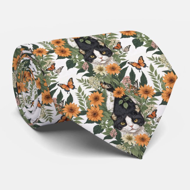 Konstnärlig katt, fjärilar, blommor blomster mönst slips (Rullad)