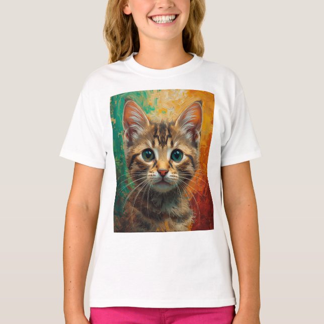 Konstnärlig Kitten Porträtt - Vibrant Oljemålning T Shirt (Framsida)