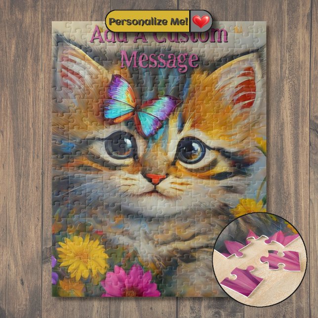 Konstnärlig Kittens Blå Fjäril Pussel (Artistic Kitten Blue Butterfly Jigsaw Puzzle)
