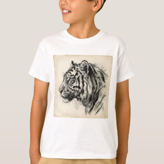 Konstnärlig kolteckning av tigerprofil på åldrat p t shirt