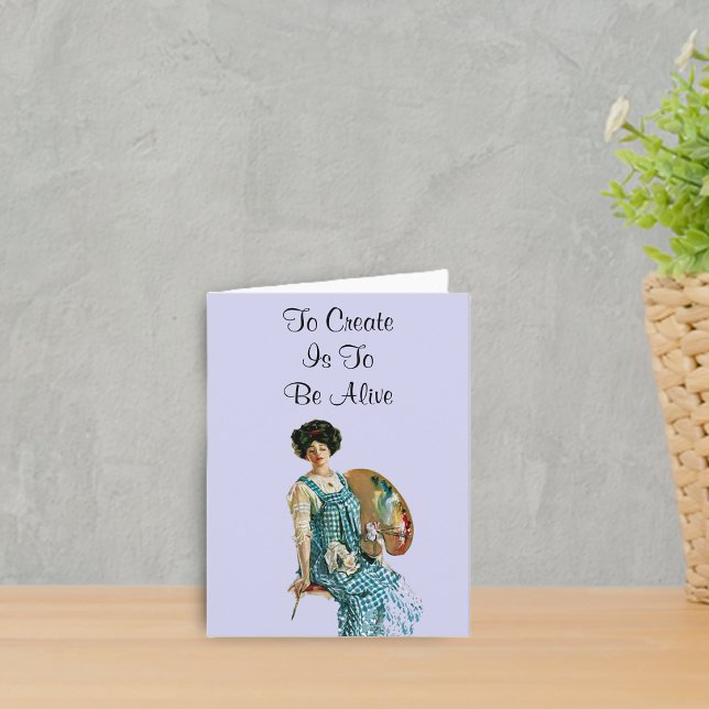 Konstnärlig konstnärsnotkort kort (Victorian artist lady holding paint pallete To Create is to be Alive pale blue notecard.)