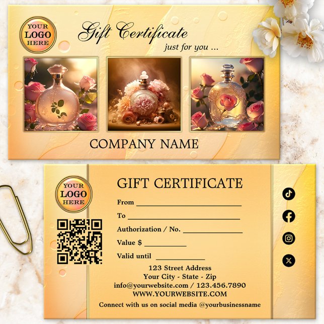 Konstnärlig kvinnlig presentkort Portfolio Visitkort (Gift certificate featuring 3 custom photos framed by an artistic feminine ocher and pink design)