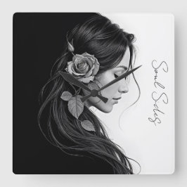 Konstnärlig kvinnlig profil med ro i svartvitt fyrkantig klocka