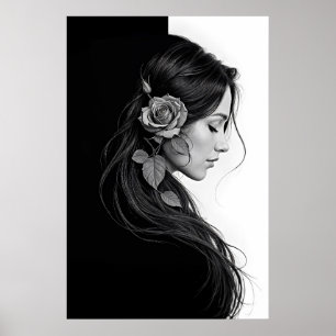 Konstnärlig kvinnlig profil med ro i svartvitt poster