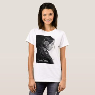 Konstnärlig kvinnlig profil med ro i svartvitt t shirt