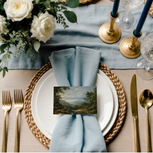 Konstnärlig landskapsbröllopsromantisk blå placeringskort