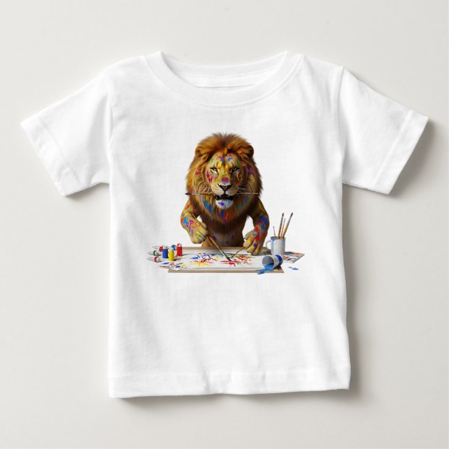 Konstnärlig Lejonkonstnär Målar med Färgglada Fläc T Shirt (Framsida)