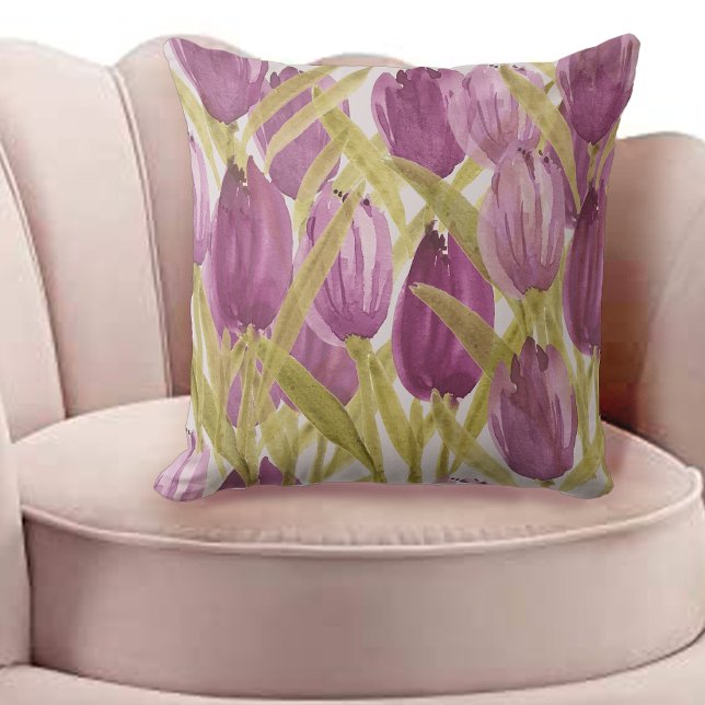 Konstnärlig Lila Rosa Tulip Watercolor Kudde (Skapare uppladdad)