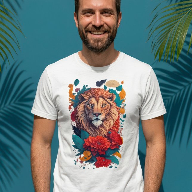 Konstnärlig Lion King Botanisk AI-illustration för T Shirt (AI Art Colorful Lion and Red Flowers Graphic Men's Tee)