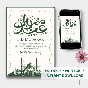 Konstnärlig mörkgrön moskéskiss Eid Mubarak-kort Julkort