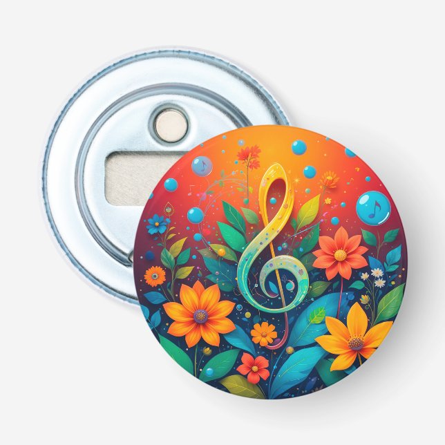 Konstnärlig musiknot omgiven av färgglada blommor flasköppnare (Framsidan)