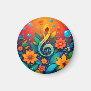 Konstnärlig musiknot omgiven av färgglada blommor magnet