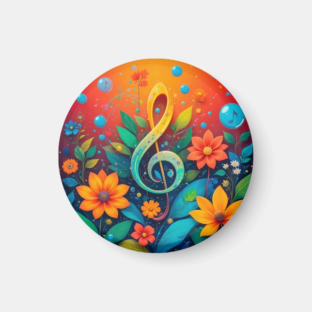 Konstnärlig musiknot omgiven av färgglada blommor magnet (Framsidan)