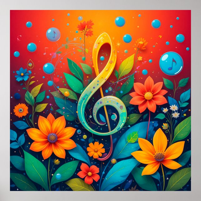 Konstnärlig musiknot omgiven av färgglada blommor poster (Framsidan)
