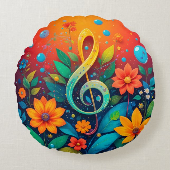 Konstnärlig musiknot omgiven av färgglada blommor rund kudde (Framsidan)
