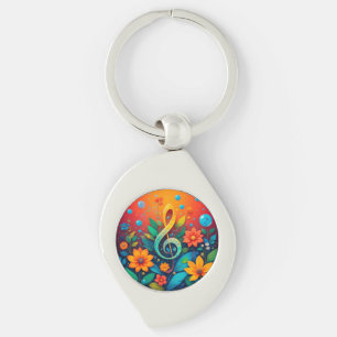 Konstnärlig musiknot omgiven av färgglada blommor swirl silverfärgad nyckelring