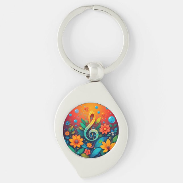 Konstnärlig musiknot omgiven av färgglada blommor swirl silverfärgad nyckelring (Framsidan)