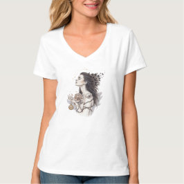 Konstnärlig Mystisk Kvinnlig Skiss Tatuering Blomm T Shirt