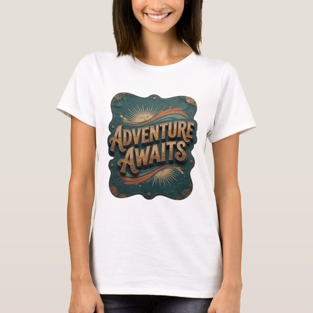 Konstnärlig Orange ÄVENTYR VÄNTAR 3D Text Konst T Shirt (Framsida)