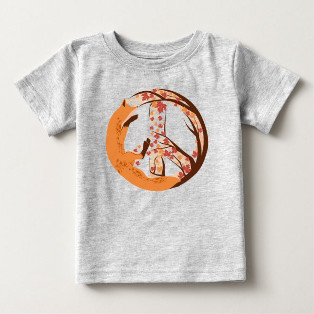 Konstnärlig räv fredstecken höstlöv trädgren t shirt (Framsida)