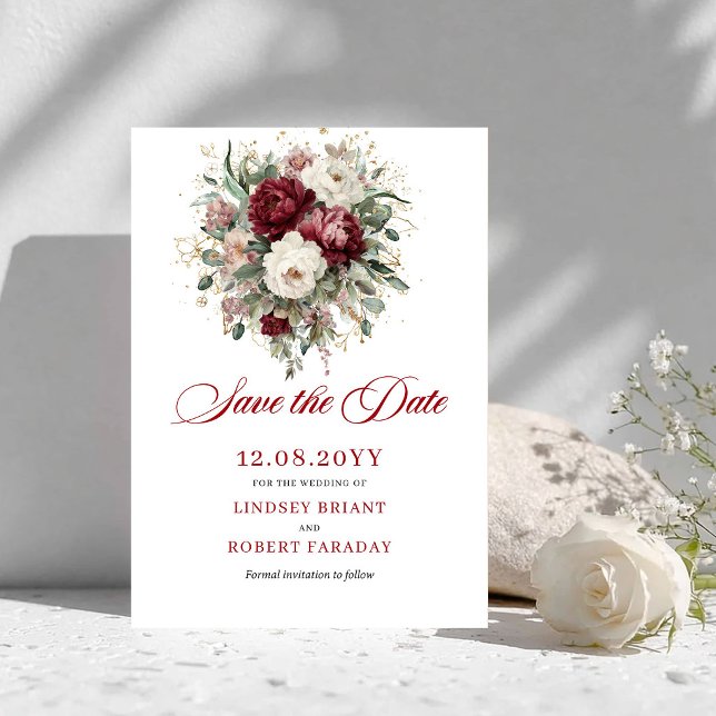 Konstnärlig Rodnad Burgunder Grönska Spara Datum Datumet (Artistic Blush Burgundy Greenery Save The Date)