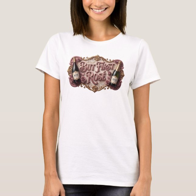 Konstnärlig Rosa MEN FÖRST ROS 3D Text Konst T Shirt (Framsida)