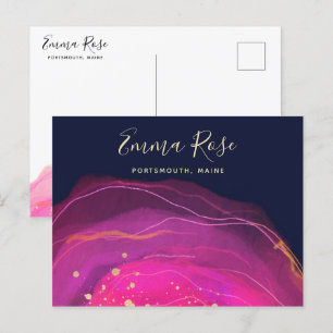 Konstnärlig Rosa Navy Watercolor Guld Splatter Vykort